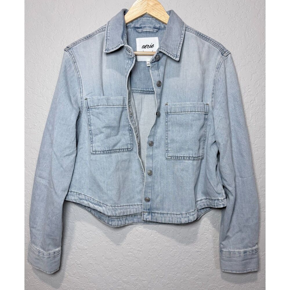 Aerie Denim Shacket M Cropped Boxy Button Up Jean Jacket Coastal Casual